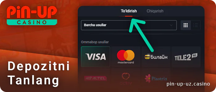 PIN Up to'lovlar bo'limida depozitni tanlang